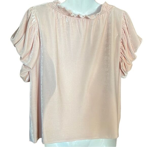 Free People Terese Top Size M Pink Tint Velvet poof short sleeve ruffle Tie Neck - Picture 12 of 12